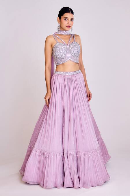 Buy Purple Chinon Embroidery Mirror Sweetheart Neck Pleated Lehenga Set