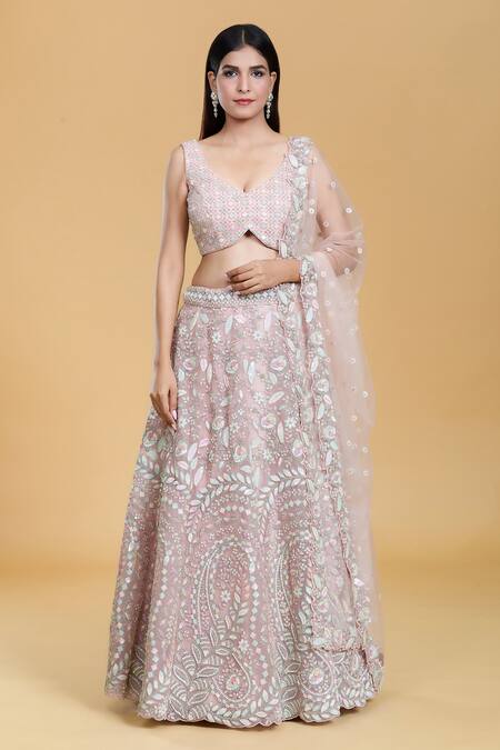 Buy Pink Net Embroidery Floral V Neck Sequin And Zari Lehenga Set For