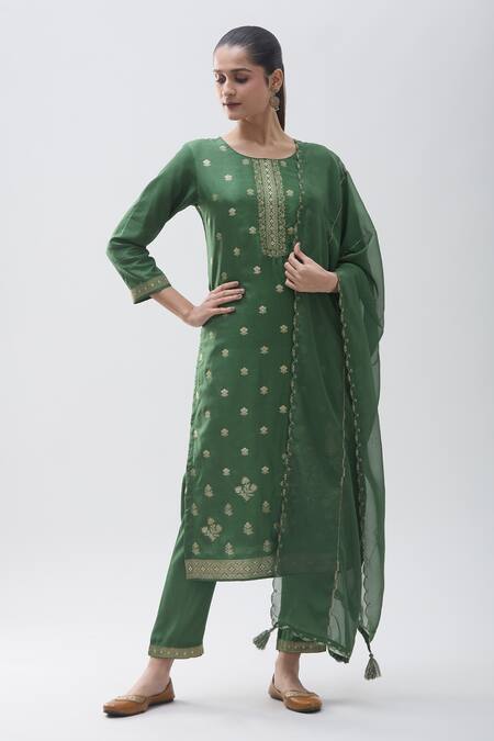 Buy Green Kurta Dola Silk Embroidered Butti Round Flower Jacquard Set