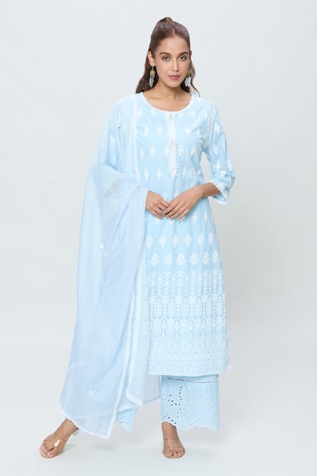 Buy Blue Premium Cotton Embroidery Thread Round Neck Floral Kurta Set