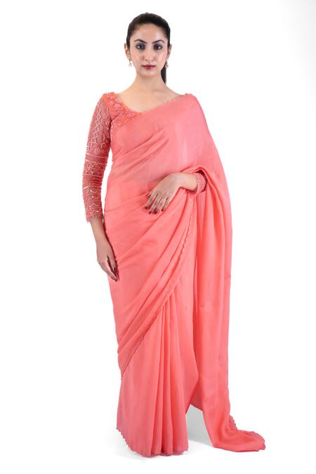 Buy Peach Chiffon Embroidered Sitara Round Scallop Border Saree Set For