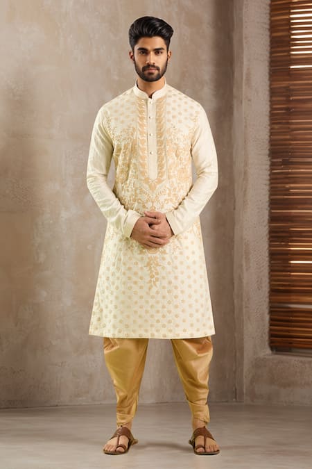 Buy Cream Polyester Silk Embroidery Thread Paisley Kurta With Patiala