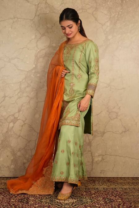 Buy Green Silk And Organza Embroidery Dabka Sequin Boat Kurta Palazzo