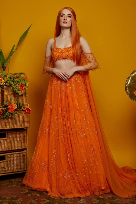 Buy Orange Net Embellished Scoop Neck Lehenga Set For Women By Asra