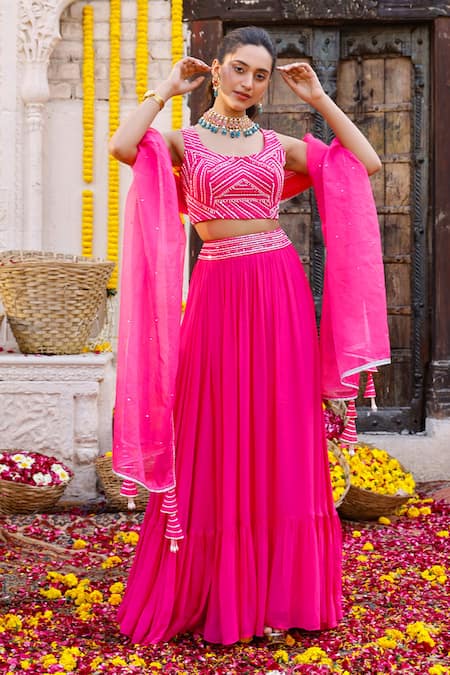 Buy Pink Georgette Embroidered Dabka Scoop Neck Lehenga Set For Women