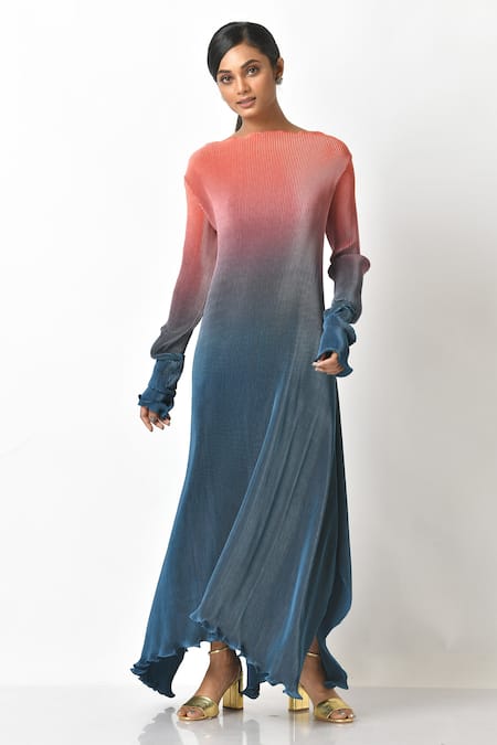 Buy Blue Pleated Polyester Mix Round Gown For Women By Kiran Uttam