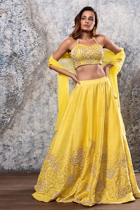 Buy Yellow Raw Silk Sweetheart Neck Hand Embroidered Lehenga Set For