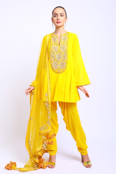 Buy Yellow Matka Silk Notched Embroidered Anarkali Set For Women By