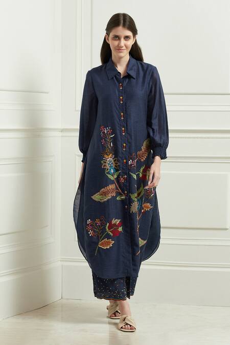 Buy Blue Linen Voile Embroidered Floral Shirt Collar Tunic For Women By