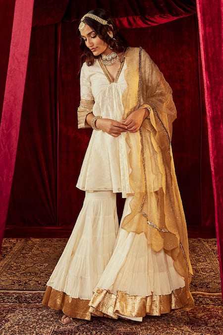 Buy Ivory Kurta Silk Chanderi Hand Jodha Jacquard Peplum Sharara Set