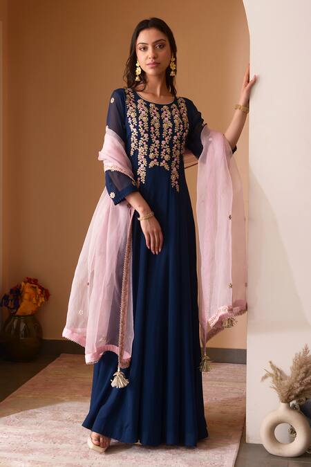 Buy Blue Georgette Hand Embroidered Thread Floral Anarkali With Dupatta