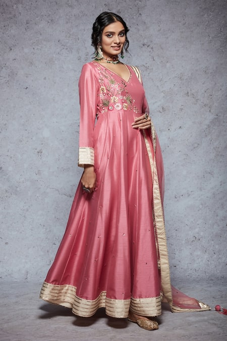 Buy Pink Dupion Silk Embroidery V Neck Anarkali Set For Women By Ajiesh