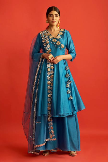 Buy Blue Pure Handwoven Chanderi V Neck Angrakha Set For Women By