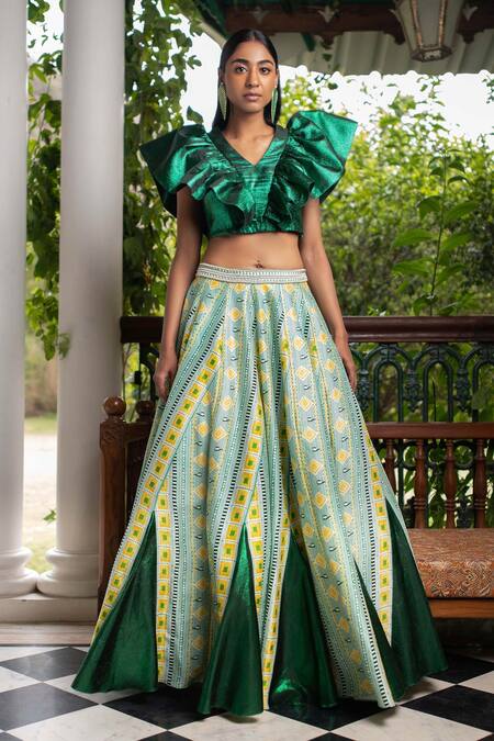 Buy Green Dupion And Lurex Embroidery Geometric V Lehenga Set For