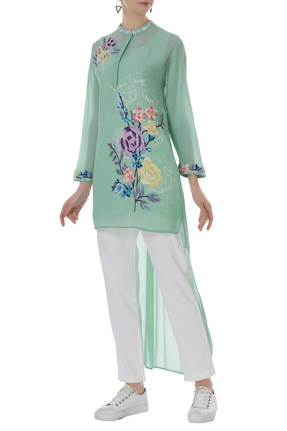 Buy Pankaj Nidhi Green Silk Georgette Embroidered Tunic Top Online