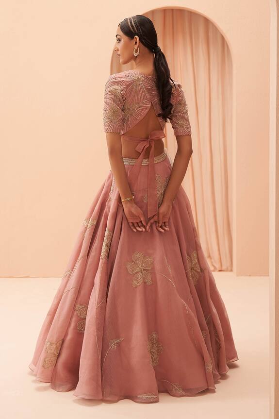 Buy Parul Gandhi Label Pink Shimmer Organza Floral Embroidered Lehenga