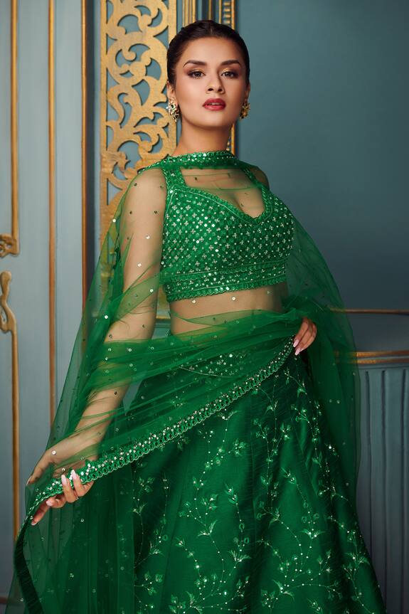 Buy Ariyana Couture Green Dupion Floral Embroidered Lehenga Set Online