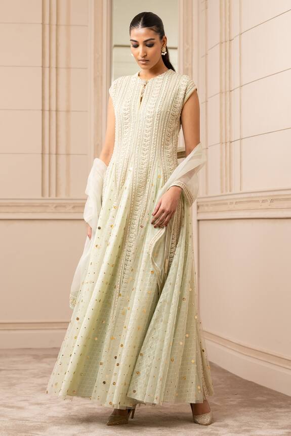 Buy Tarun Tahiliani Green Georgette Godet Embroidered Anarkali Set