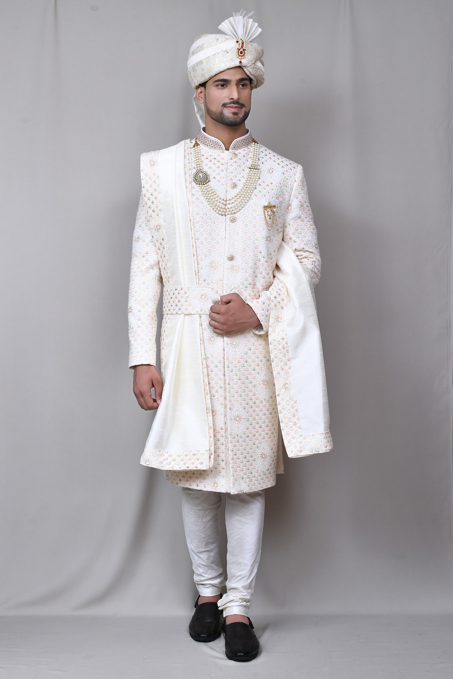 Buy Samyukta Singhania Cream Georgette Embroidered Sherwani Set Online