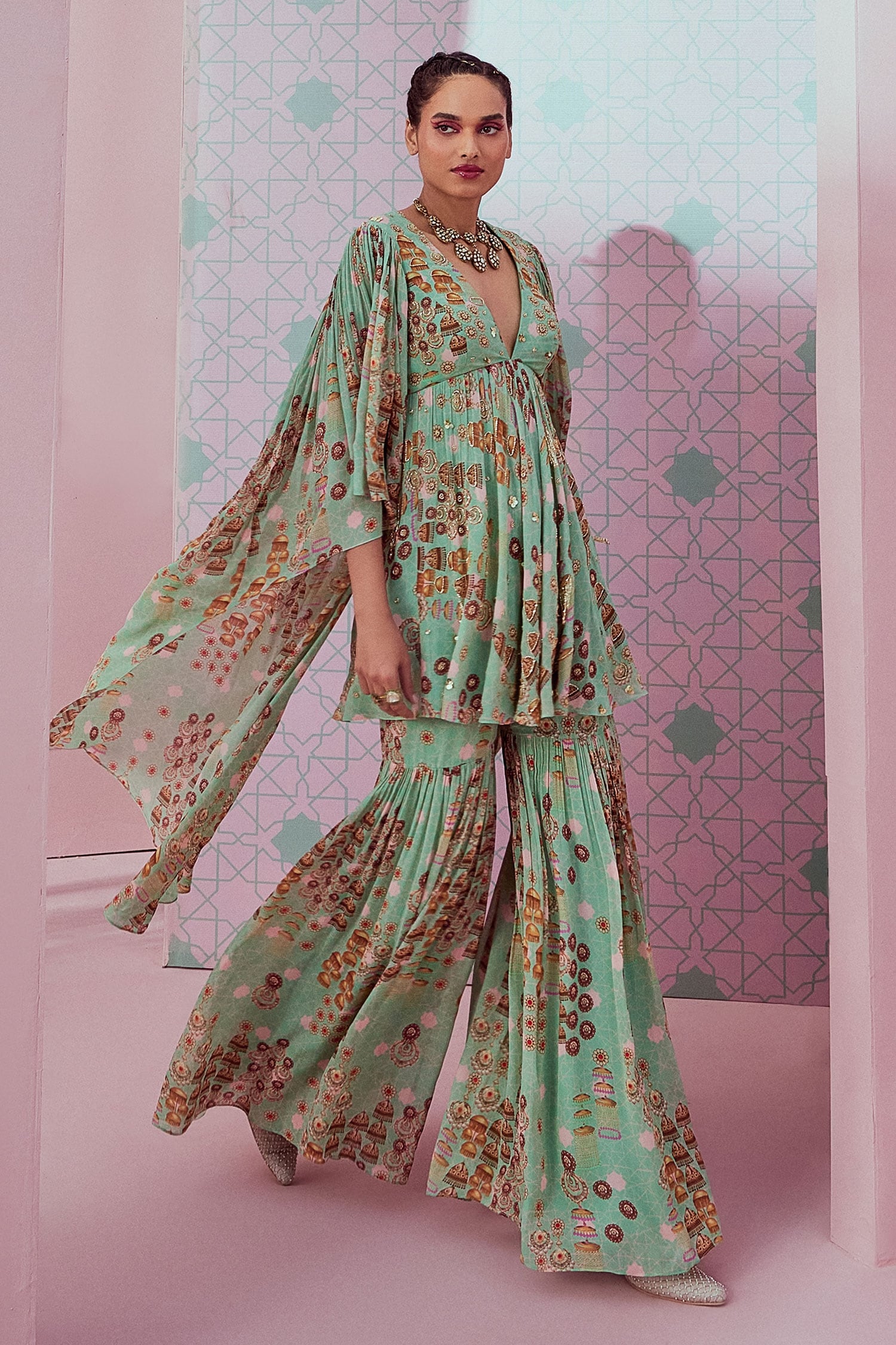 Buy Krisha Sunny Ramani Green Georgette Jhumka Print Peplum Kurta And