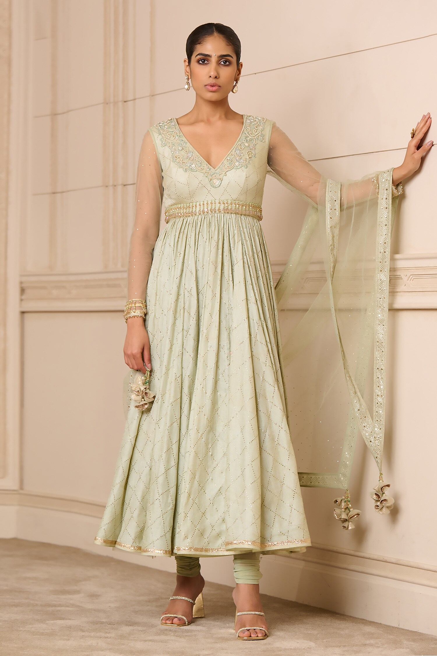 Buy Tarun Tahiliani Green Mukaish Embroidered Anarkali Set Online Aza