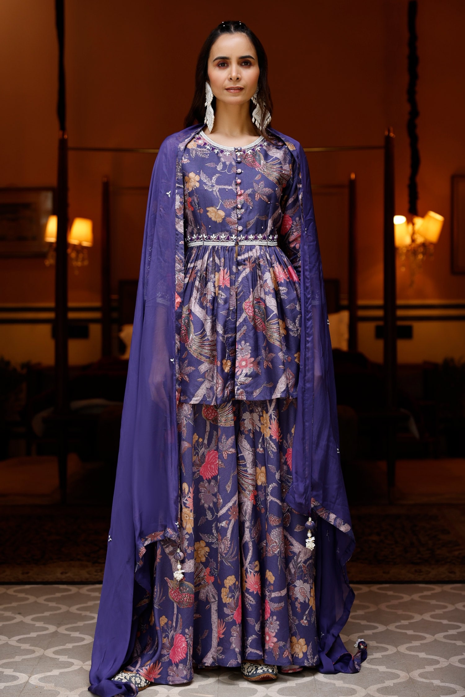 Buy HARSHA KHATRY Purple Fine Tussar Silk Printed Peplum Top Flared