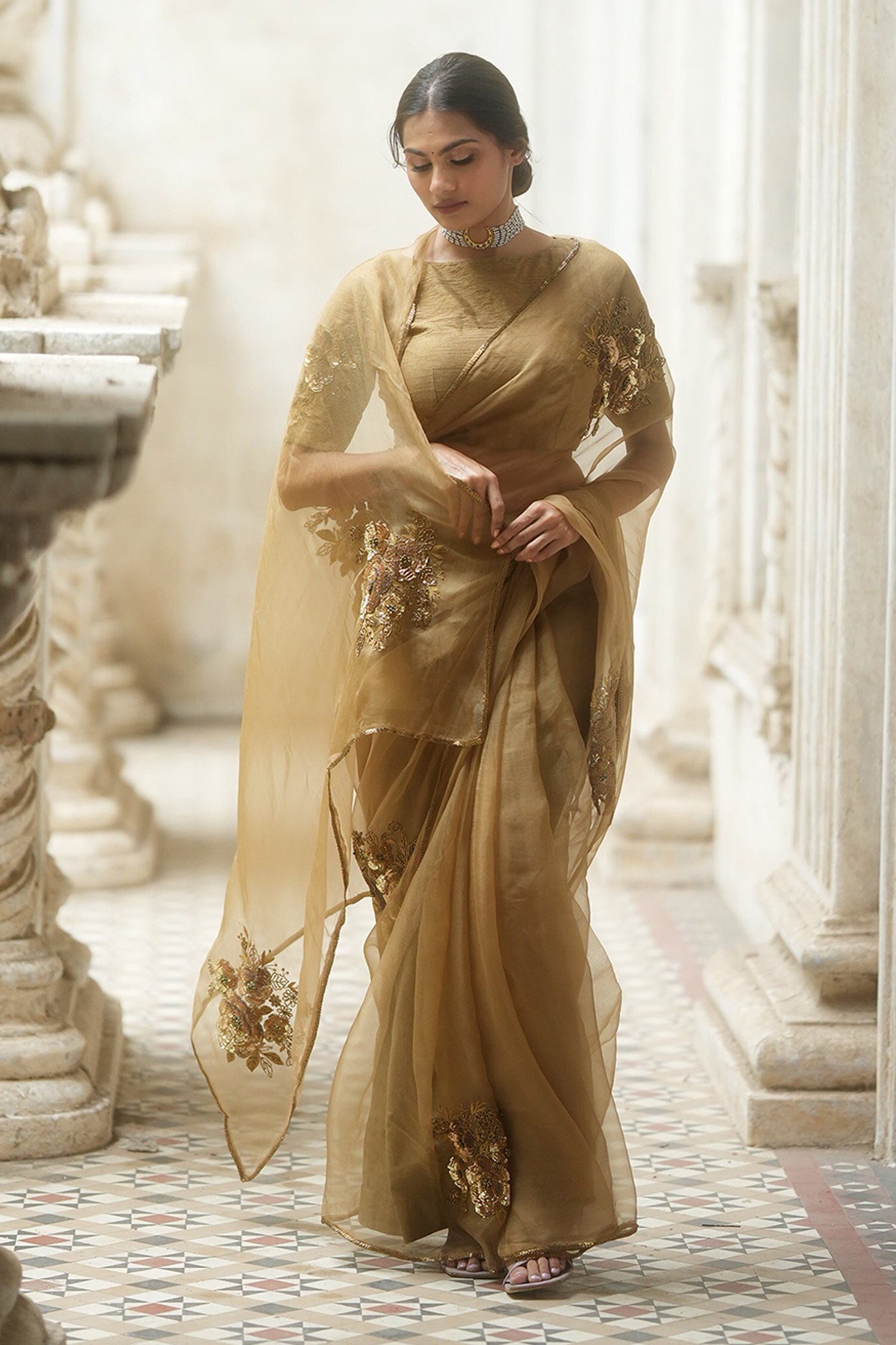 Buy Peeli Dori Gold Silk Organza Saree Set Online Aza Fashions