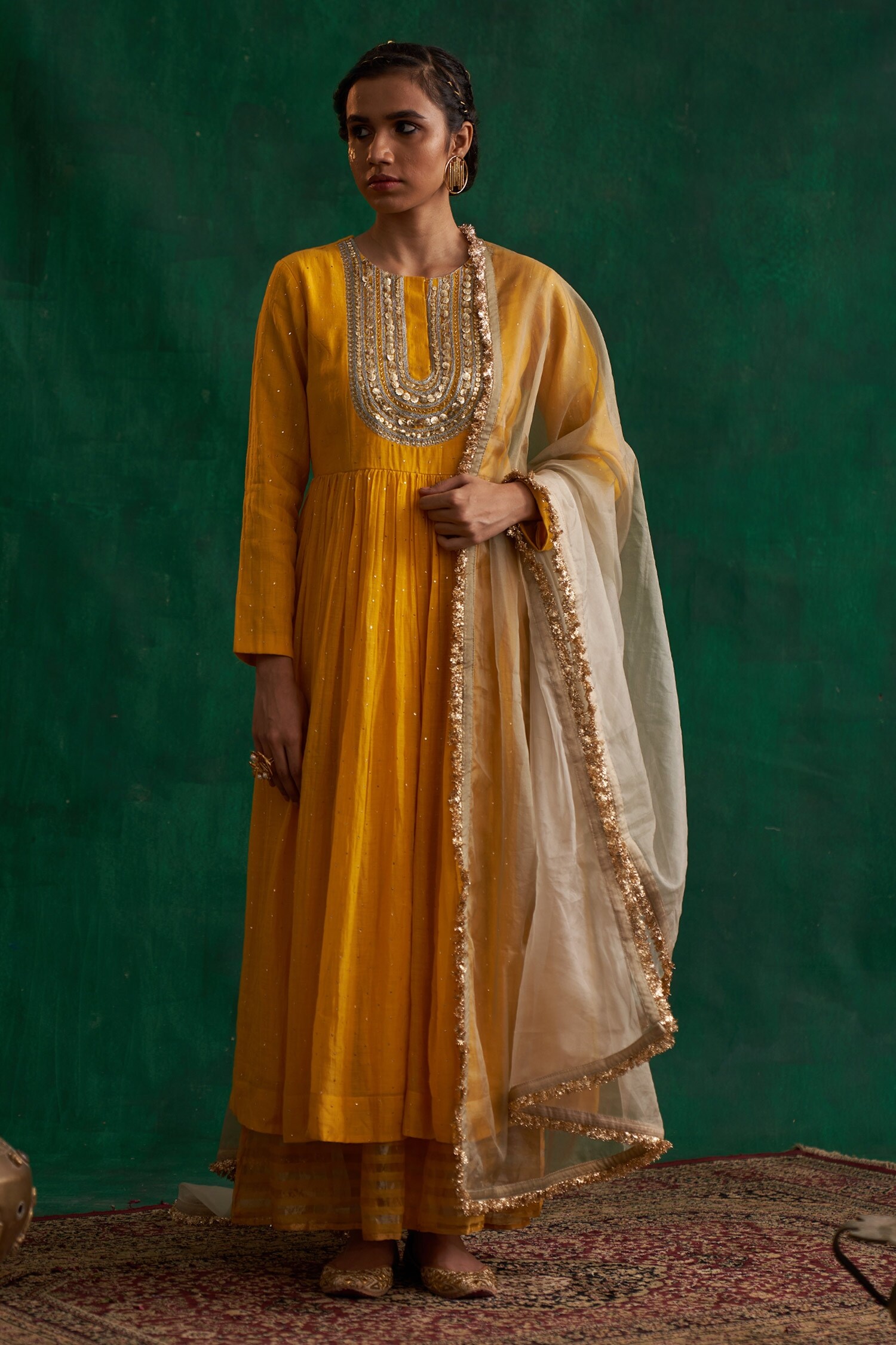 Buy Rekha Agra Yellow Chanderi Embroidered Anarkali Palazzo Set Online