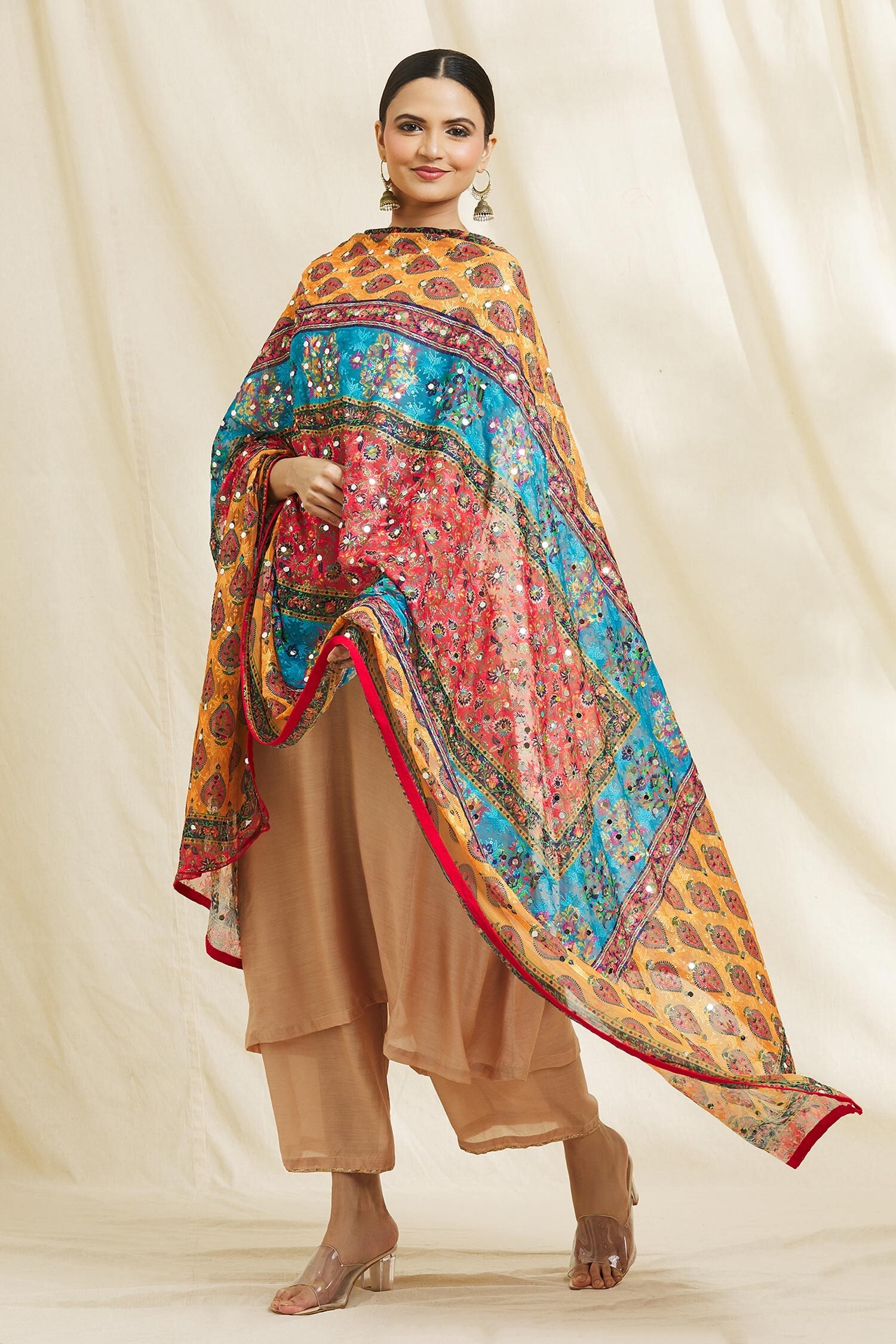 Buy Adara Khan Multi Color Chiffon Floral Print And Mirror Work