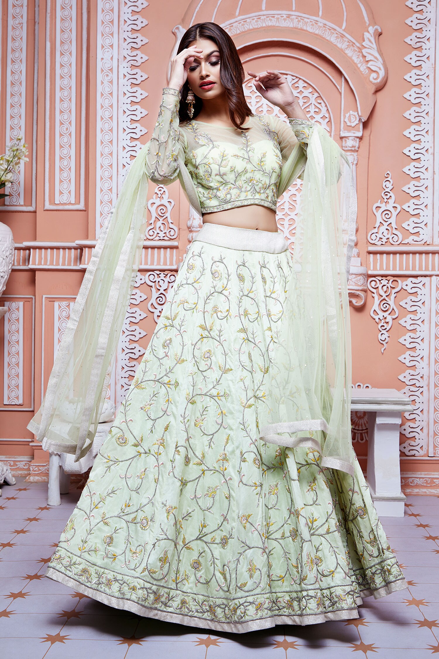 Buy Ariyana Couture Green Blouse Floral Embroidered Lehenga Set Online