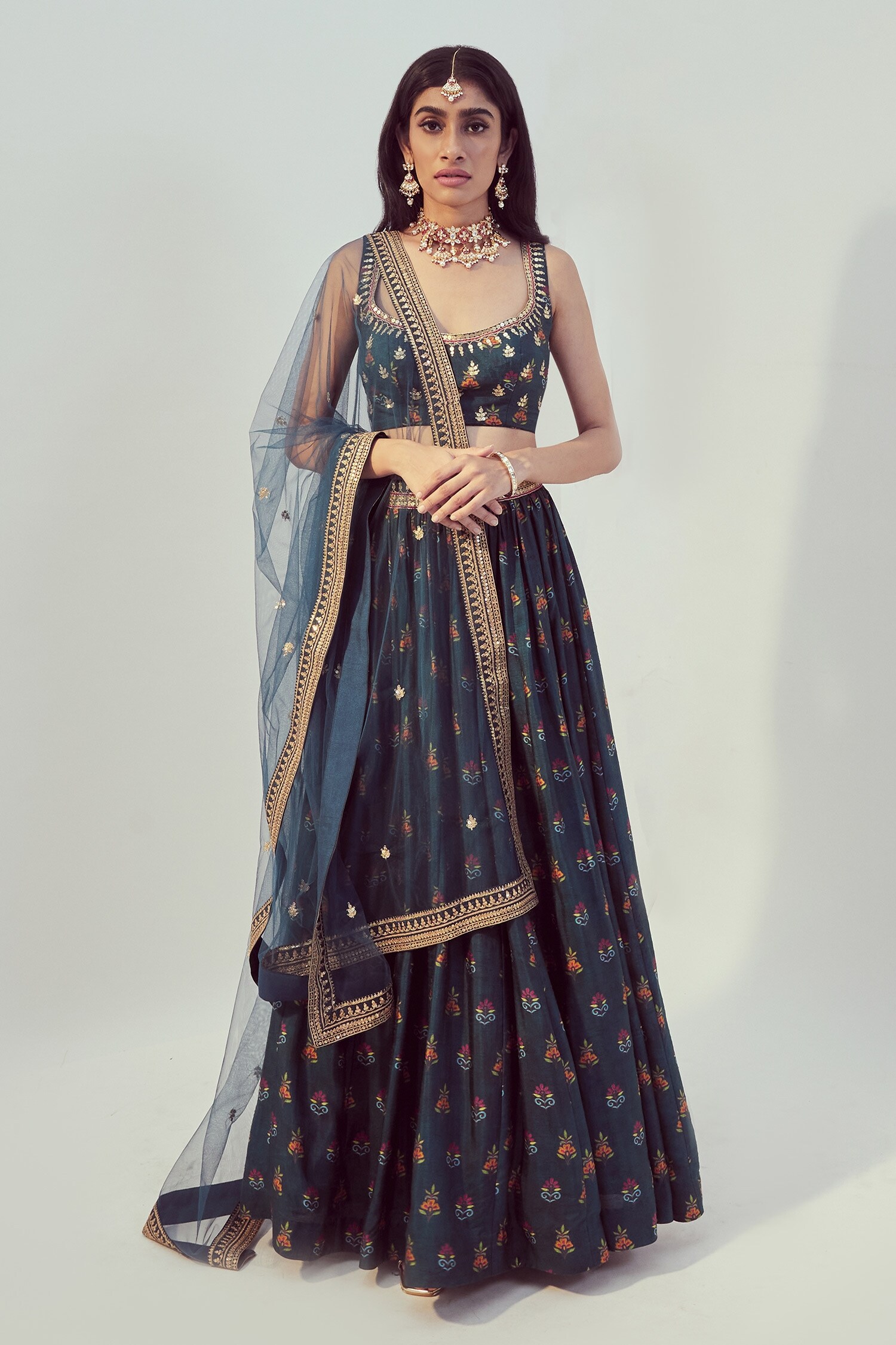 Buy Drishti Zahabia Blue Dupion Silk Floral Print Lehenga Set Online