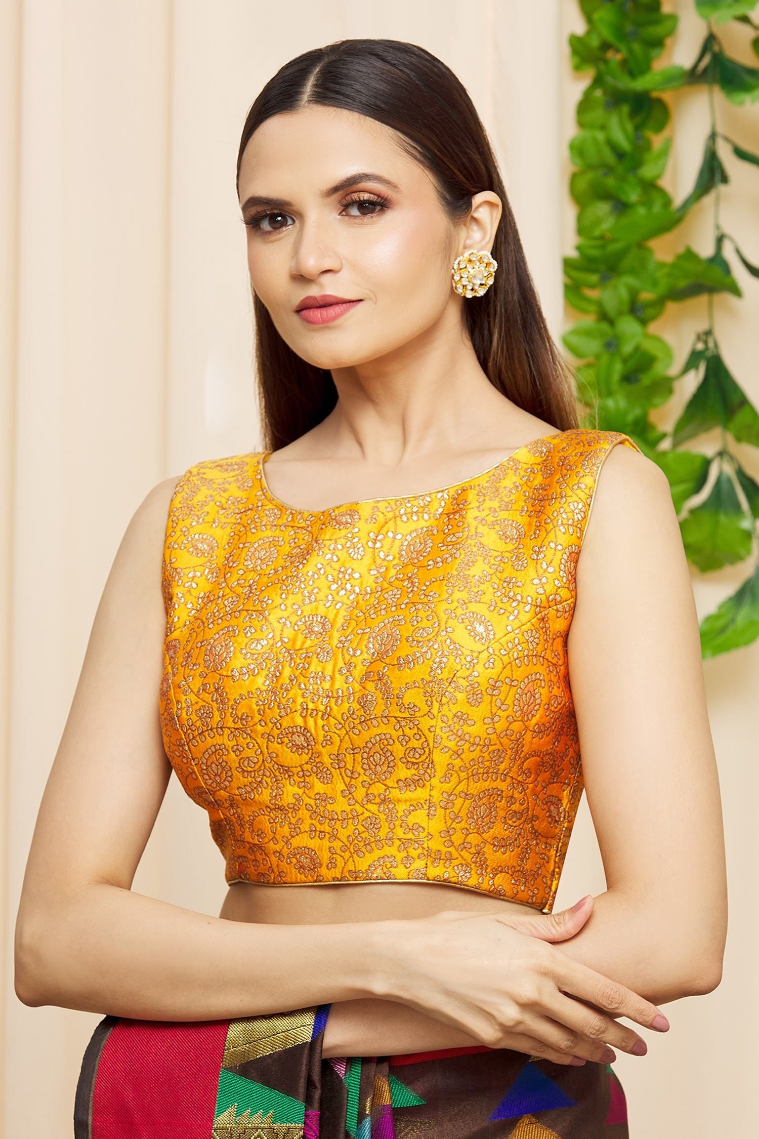 Buy Samyukta Singhania Yellow Jacquard Floral Woven Sleeveless Blouse