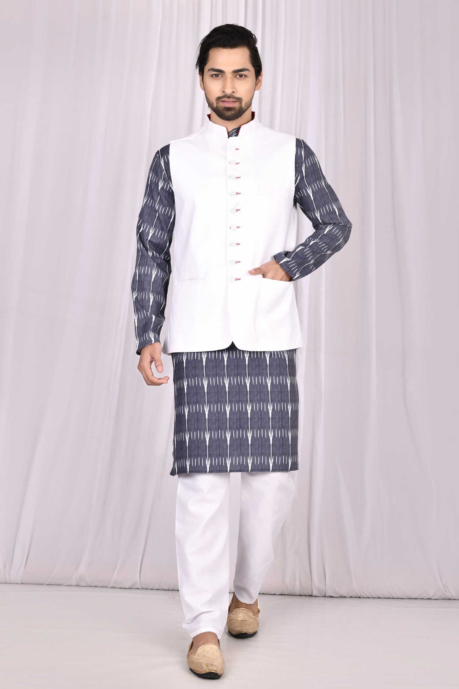 Buy Samyukta Singhania Grey Polyester Viscose Bundi And Printed Kurta