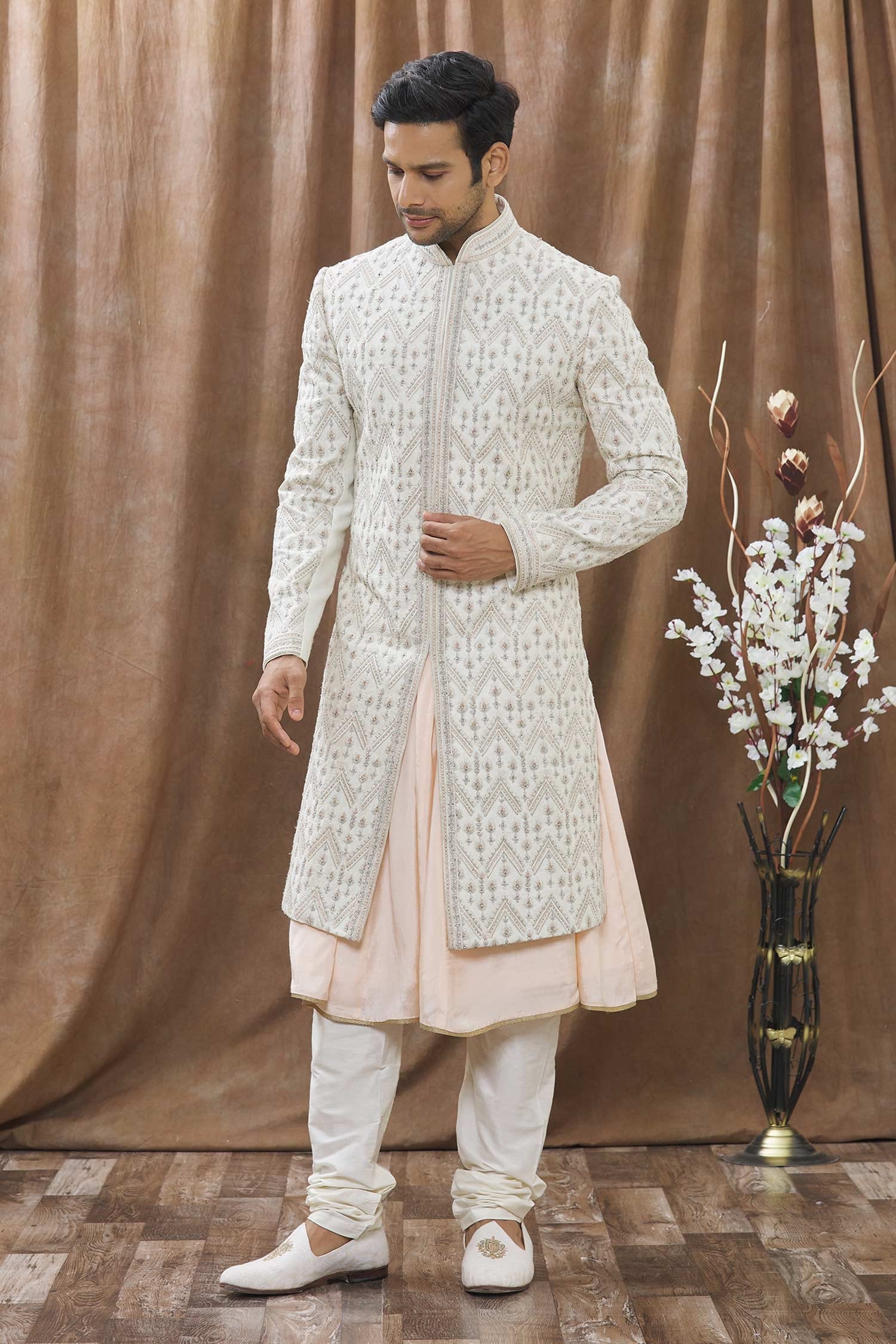 Buy Khwaab By Sanjana Lakhani White Silk Floral Embroidered Sherwani