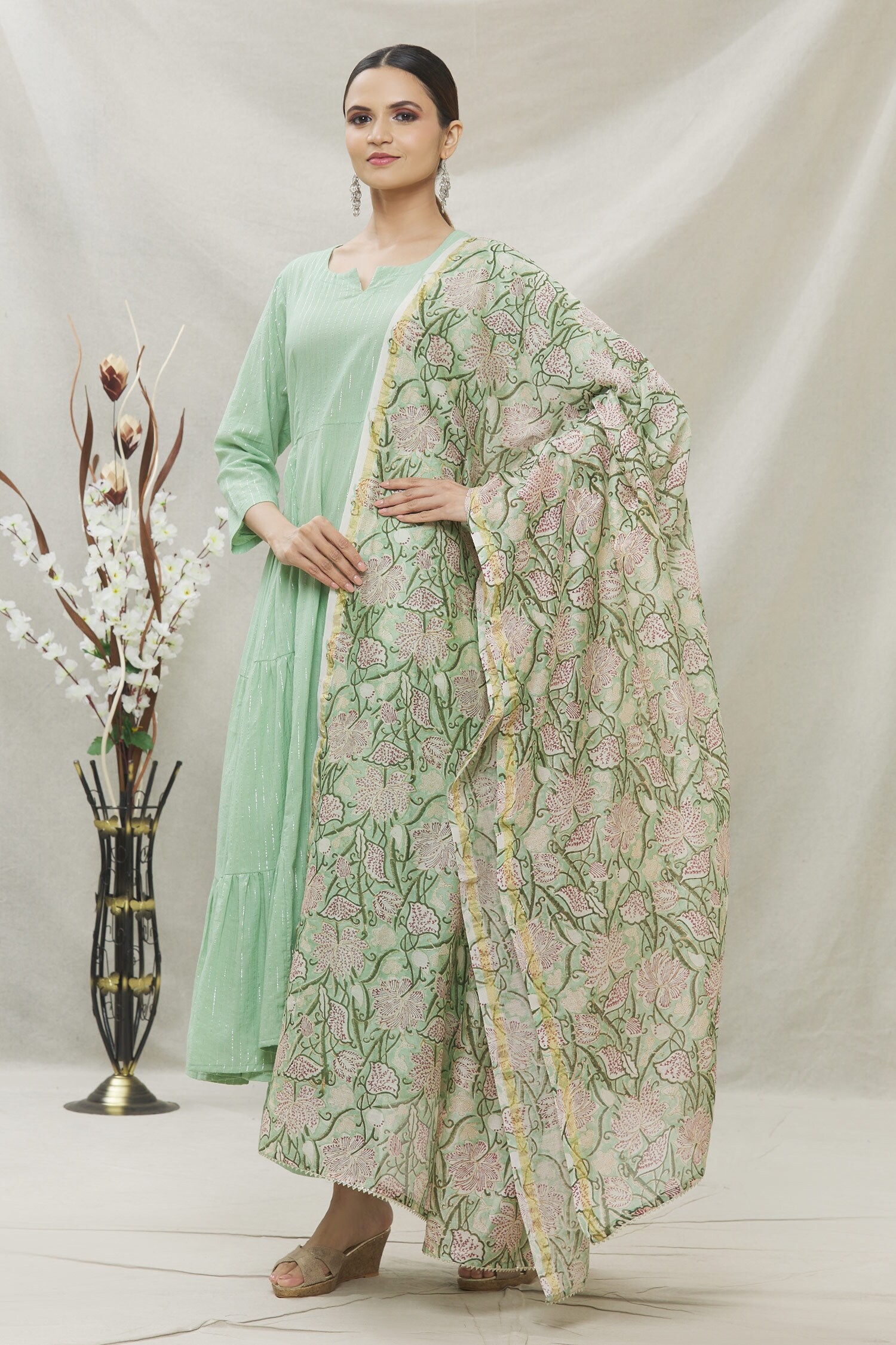 Buy Samyukta Singhania Green Cotton Metallic Striped Anarkali Set