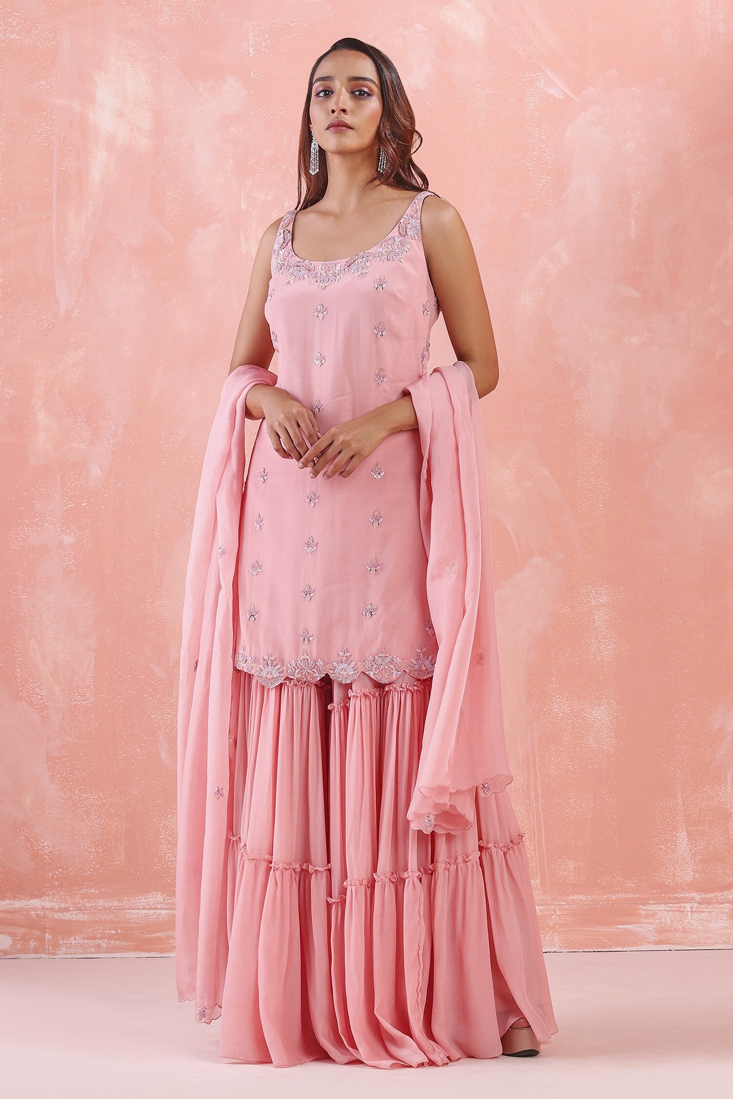 Buy Mirroir Pink Silk Organza Embroidered Kurta Sharara Set Online