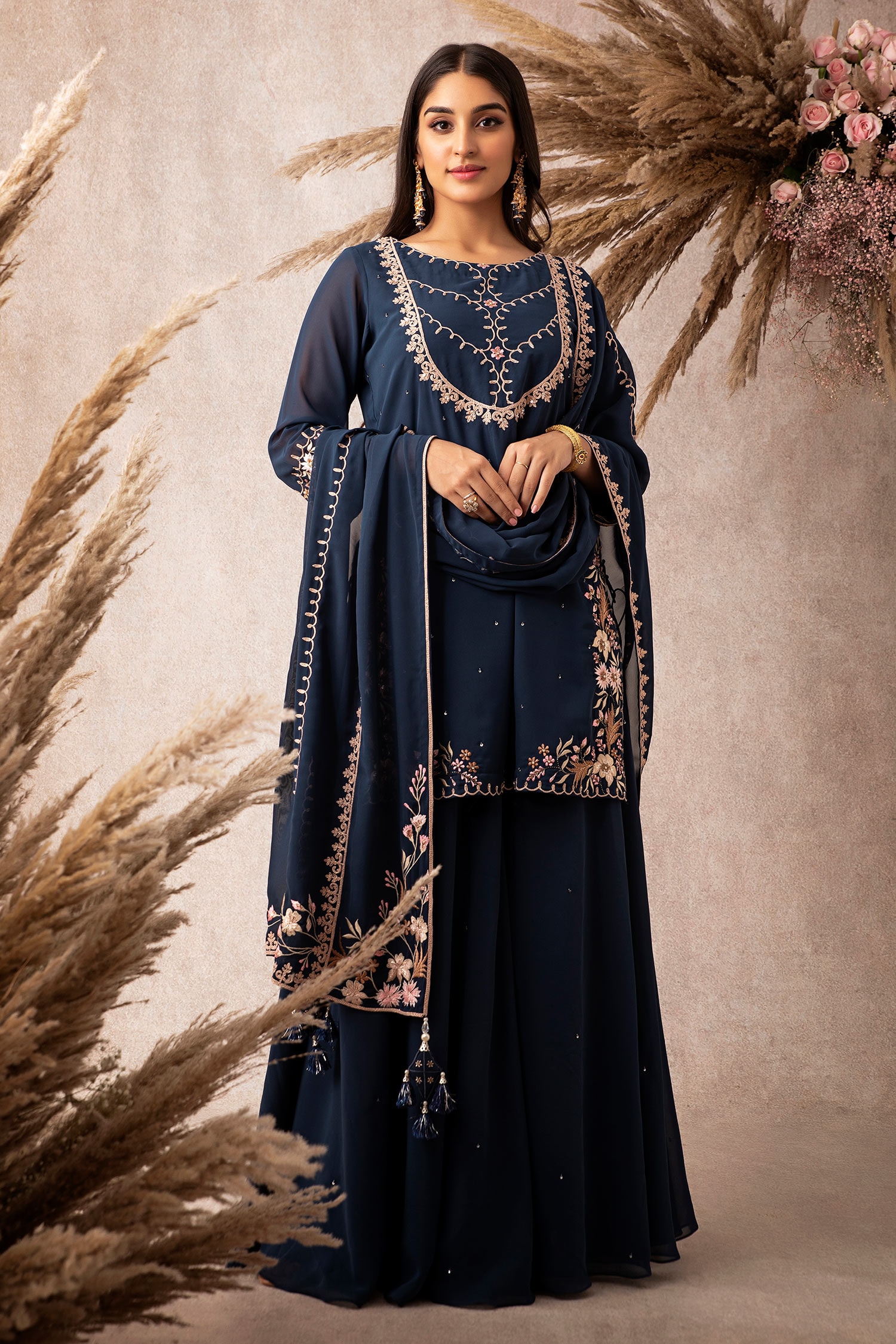 Buy Ajiesh Oberoi Blue Georgette Embroidered Kurta Gharara Set Online