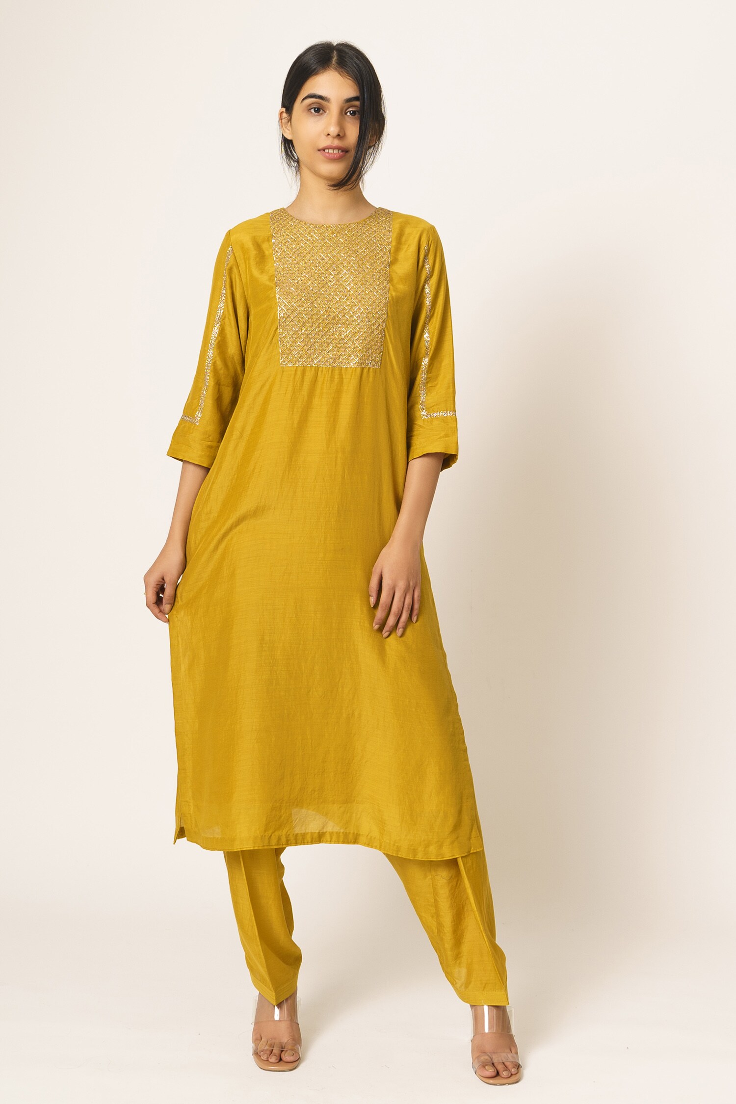 Buy Dot Yellow Silk Kurta Set Online Aza Fashions