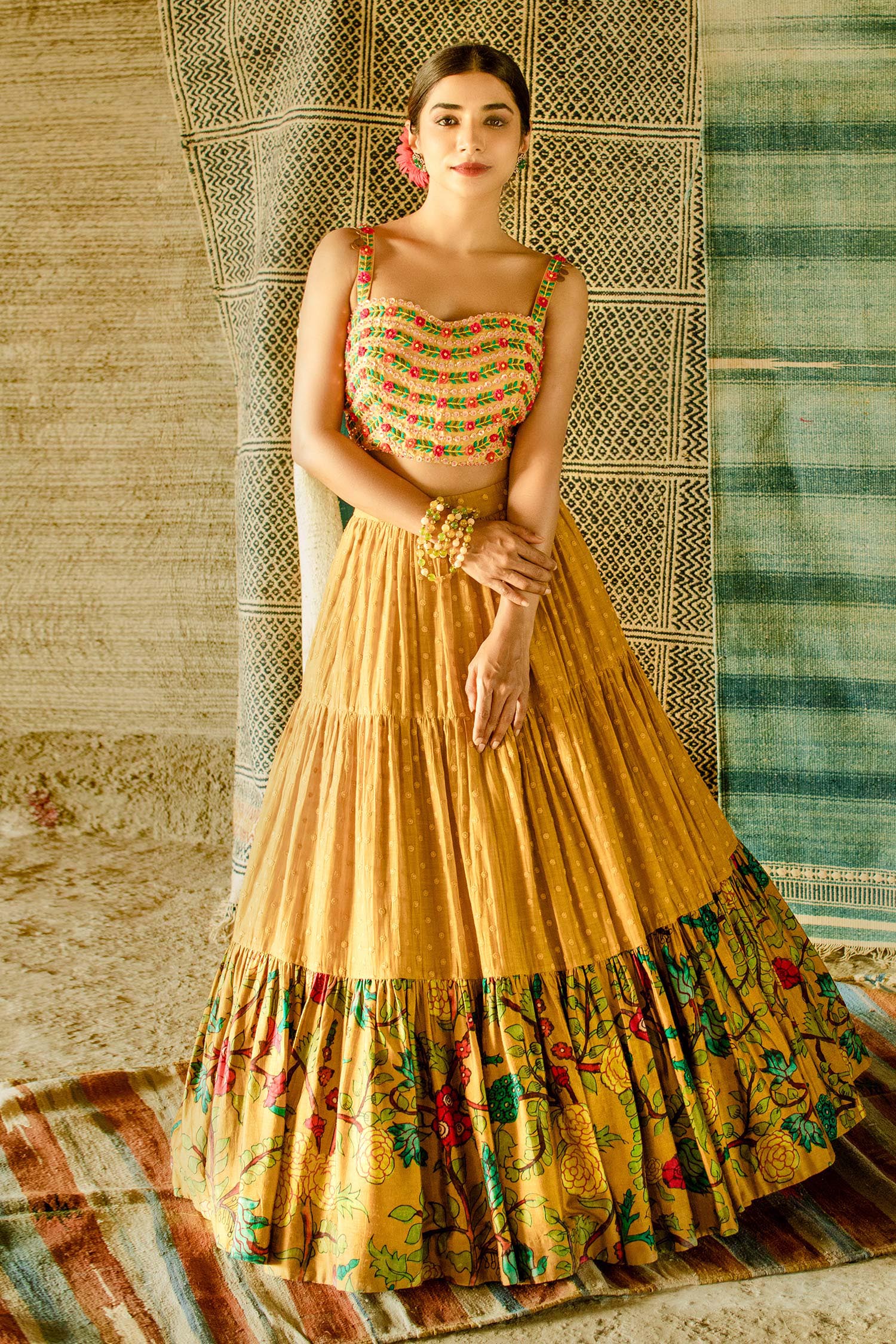 Buy Yellow Lehenga Dupion Silk Print And Embroidery Tiered And Blouse