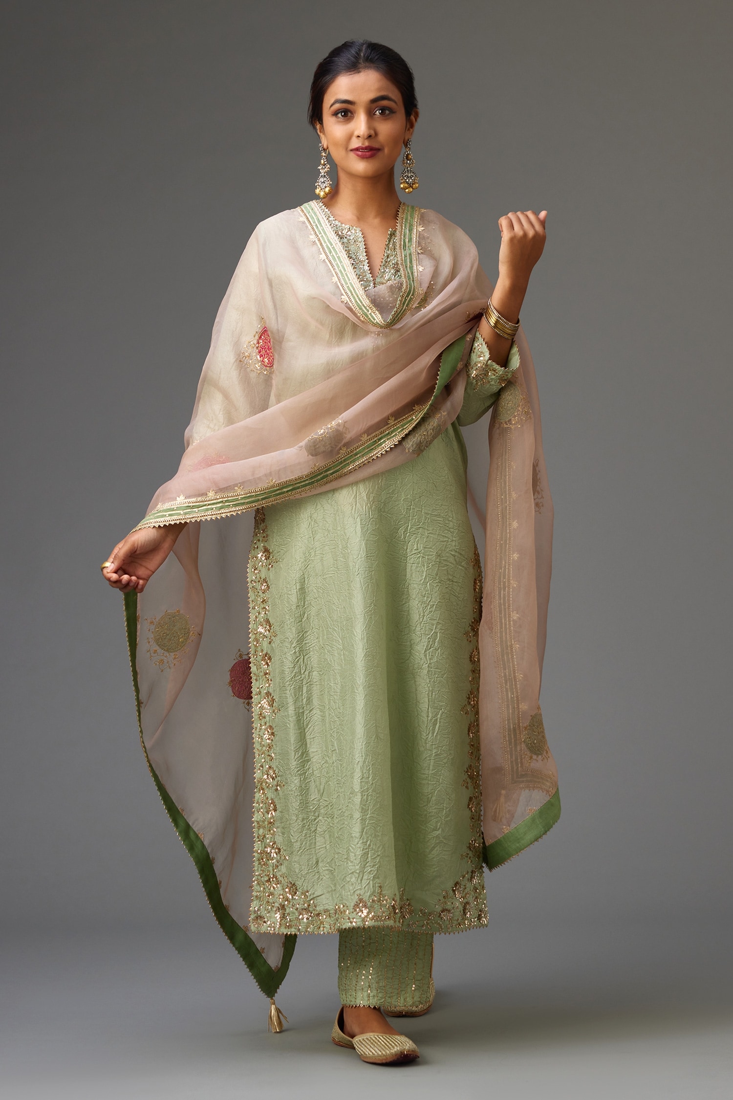 Buy Green Kurta And Pant Silk Embroidery Sequin Notched Neckline Set