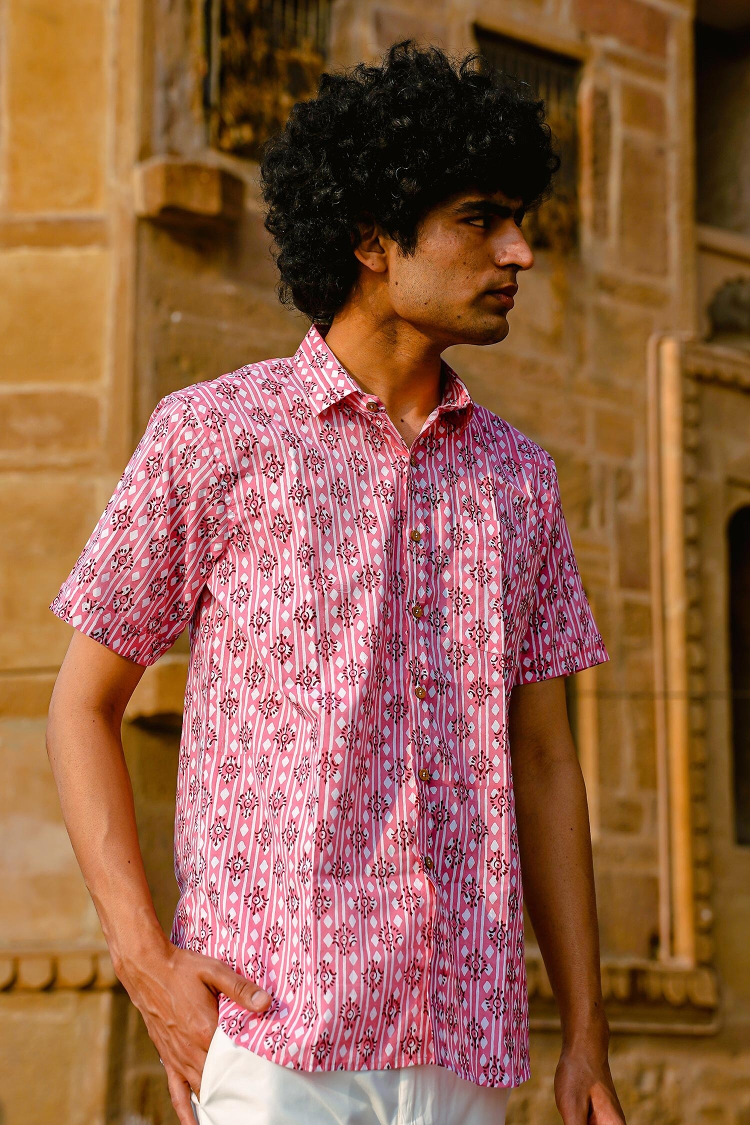 Buy Pink Cotton Hand Block Print Geometric Shirt For Men By Kalp Online