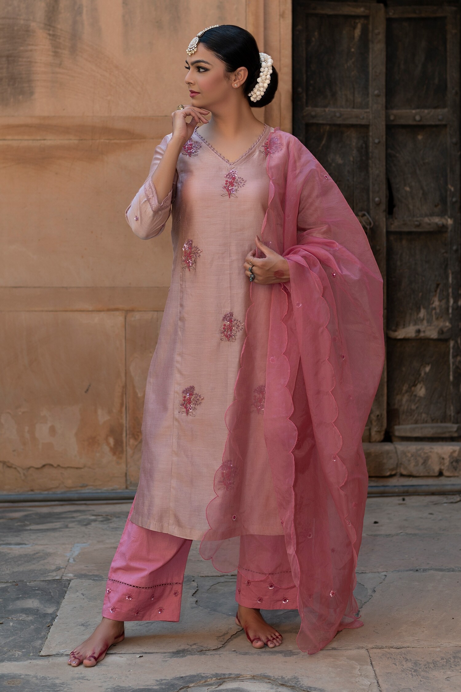 Buy Pink Kurta Silk Chanderi Hand Embroidered Sequins A Line Set For