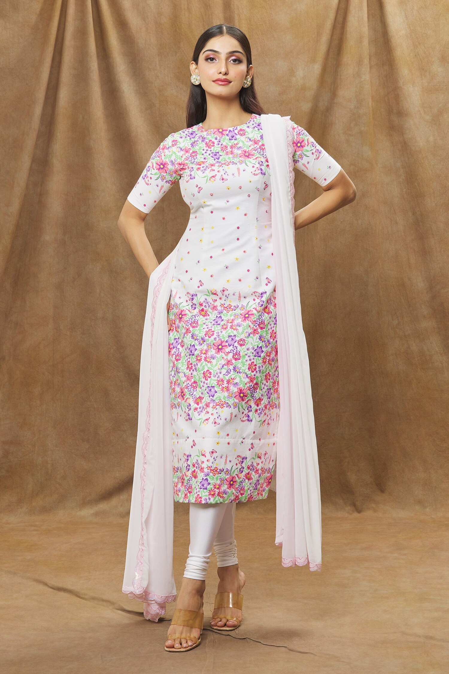 Buy Ivory Cotton Print And Embellishment Floral Round Kurta Set For