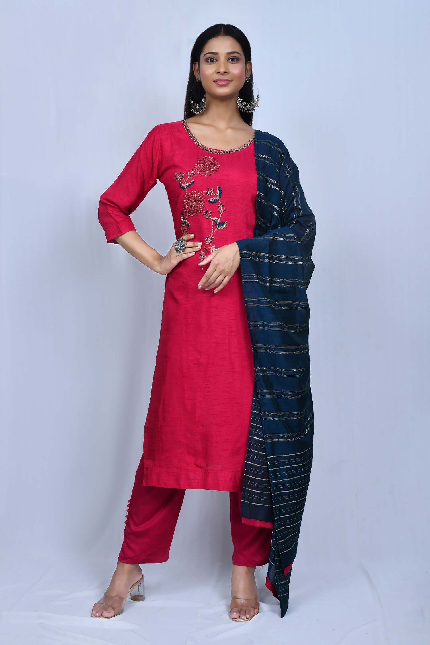 Buy Nazaakat By Samara Singh Fuchsia Dola Silk Dandelion Embroidered