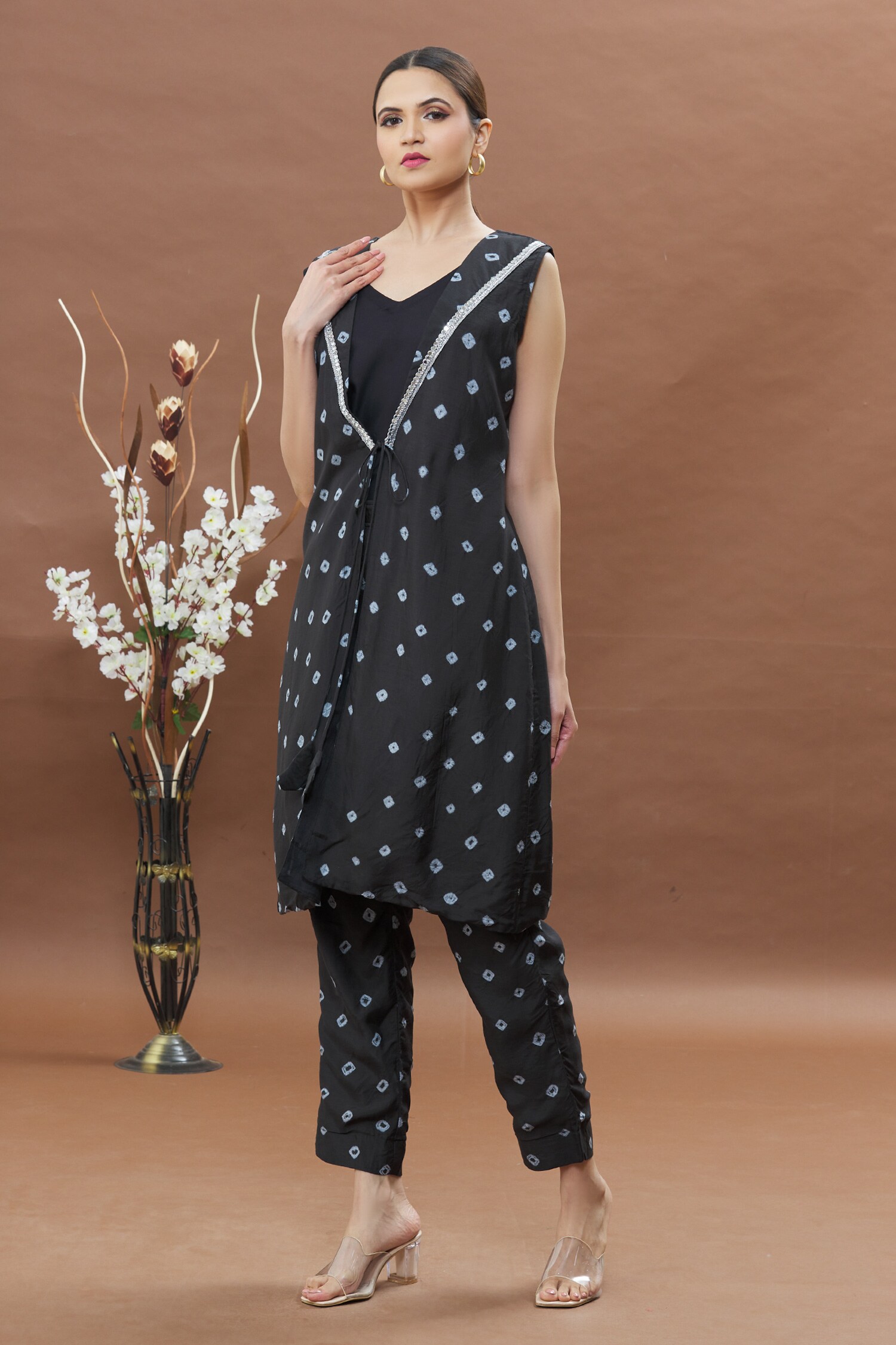 Buy Black Muslin Bandhani Pattern Lapel Jacket Kurta And Pant Set For