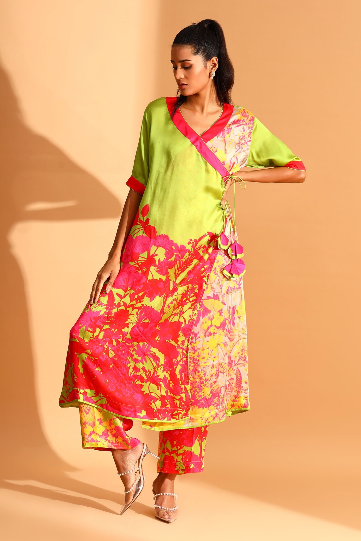 Buy Green Cupro Printed Floral V Neck Angrakha And Trouser Set For