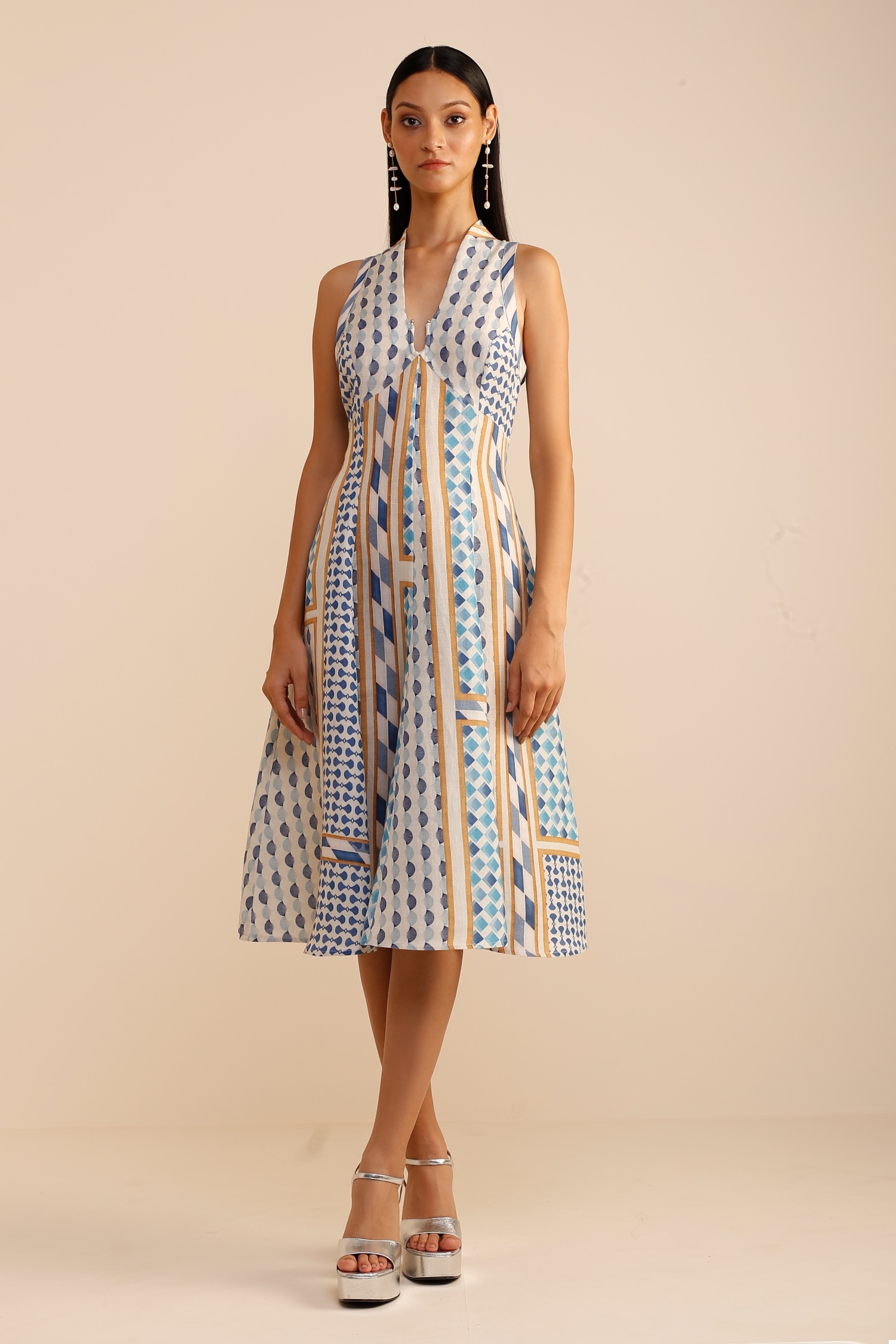 Buy Ranna Gill Blue Linen Viscose Halter Neck Printed Dress Online