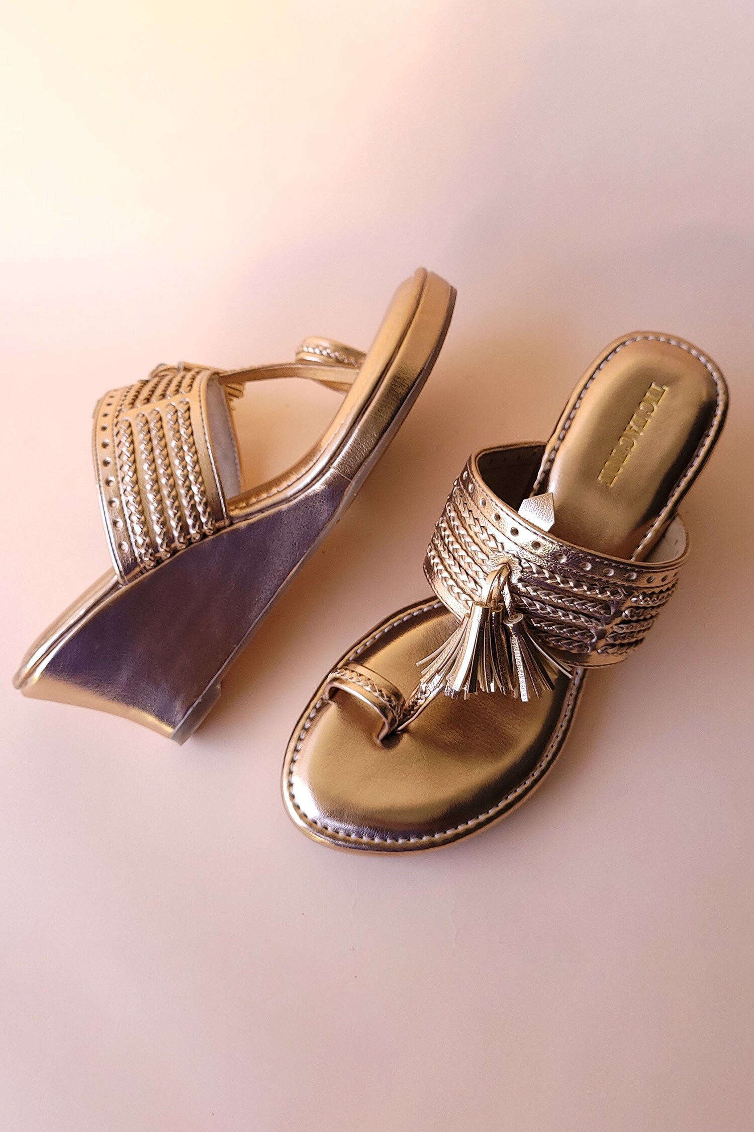 Buy Pink Tassel Metallic Kolhapuri Wedges By Tic Tac Toe Footwear