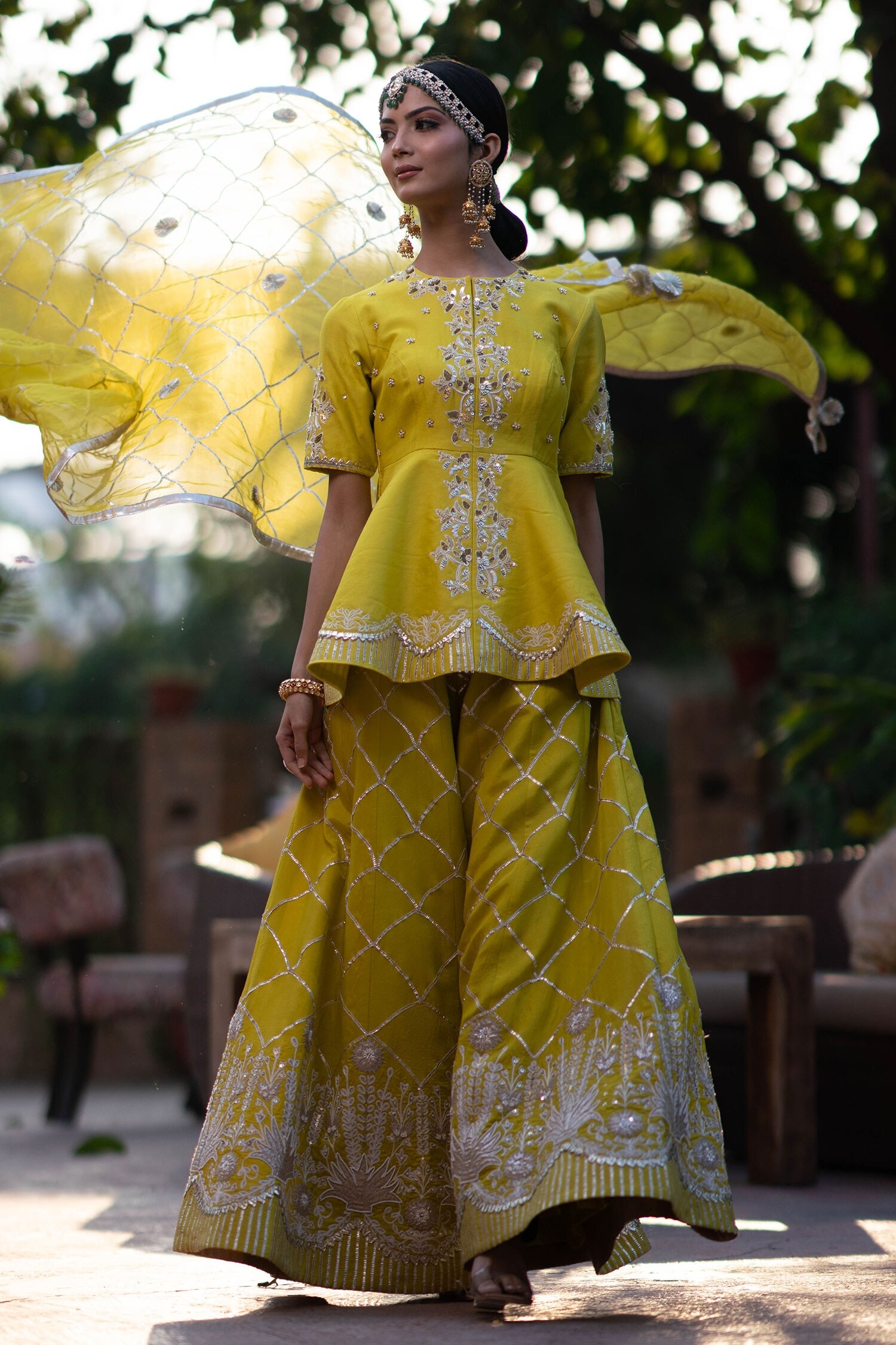 Buy Yellow Chanderi Embroidery Floral Round Kurta Gharara Set For Women