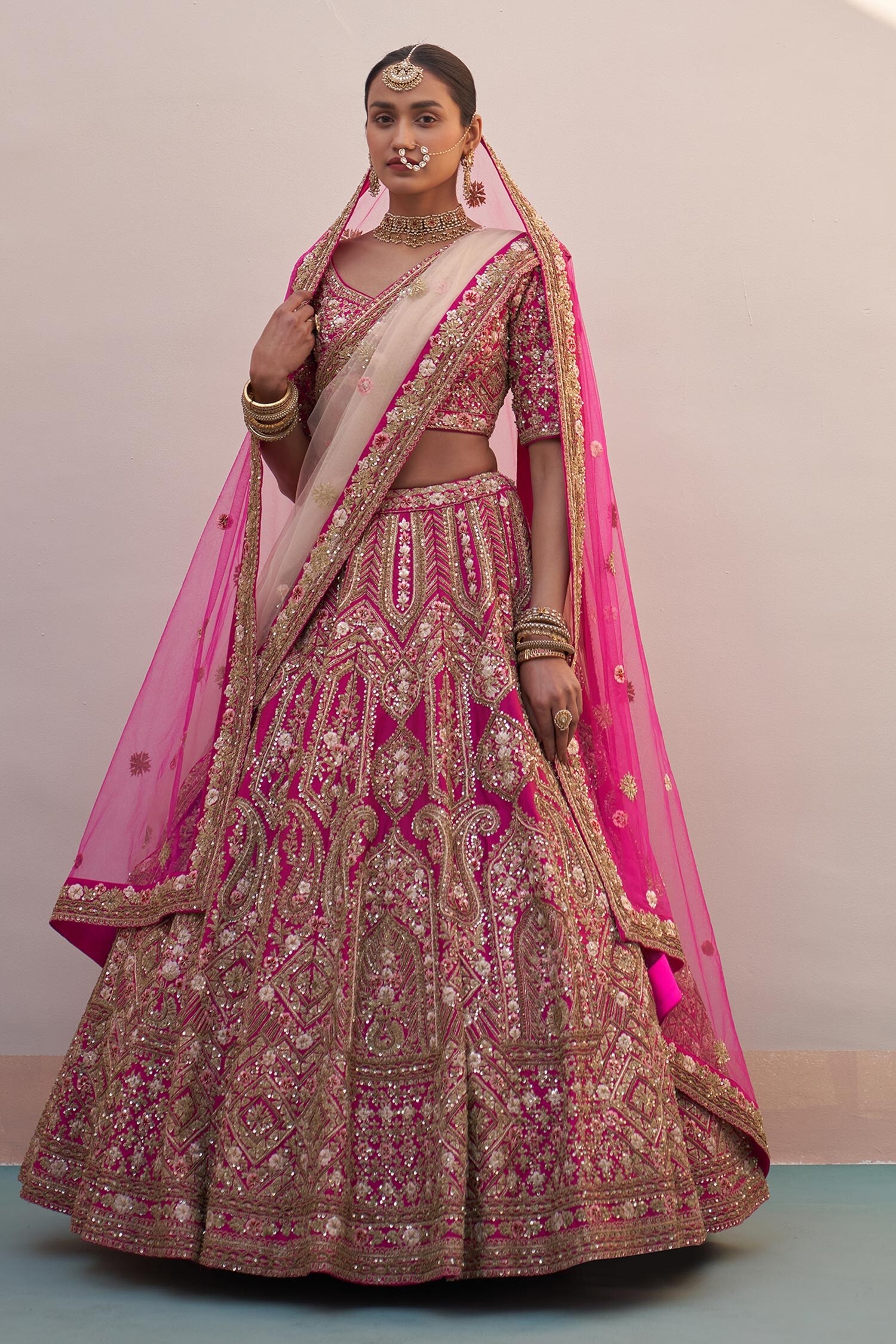 Buy Pink Raw Silk Embroidered Zardozi Plunge V Neck Lehenga Set For